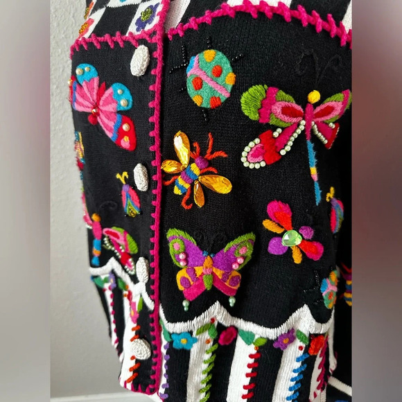 Michael Simon Butterfly Bugs Colorful Pop Art Knit Cardigan Sweater S-M Women - Picture 3 of 11